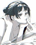  1girl 1other blunt_bangs breasts chii_(chi_hrd) chinese_clothes cleavage commentary_request finger_to_another's_mouth hair_bun half_updo hand_on_another's_chest hand_on_another's_shoulder head_on_hand hetero highres kusuriya_no_hitorigoto looking_at_another maomao_(kusuriya_no_hitorigoto) monochrome small_breasts upper_body white_background 