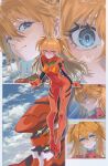  1girl absurdres blue_eyes blush bodysuit breasts brown_hair closed_mouth commentary dalya_tavr english_commentary eva_02 evangelion_(mecha) floating_hair full_body hair_between_eyes hairpods highres interface_headset_(evangelion) long_hair looking_at_viewer mecha mecha_pilot_suit medium_breasts multiple_views neon_genesis_evangelion outline plugsuit_(evangelion) red_bodysuit robot skin_tight smile souryuu_asuka_langley two_side_up very_long_hair white_outline 