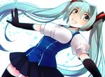  74_(teduka) aqua_eyes aqua_hair elbow_gloves gloves hatsune_miku highres long_hair musical_note open_mouth outstretched_arms skirt solo spread_arms thighhighs twintails very_long_hair vocaloid 