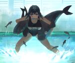  1girl alternate_costume blue_eyes blue_hair blue_one-piece_swimsuit bow bow_earrings breasts building carp carrying carrying_under_arm chain chain_headband commentary crying day earrings fish hair_intakes highres hololive hololive_english jewelry large_breasts legs_apart looking_at_viewer mouth_hold old_school_swimsuit one-piece_swimsuit ouro_kronii outdoors river school_swimsuit solitary.apple solo standing streaming_tears swimsuit tears v-shaped_eyebrows virtual_youtuber wading water water_drop wet 