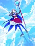  1girl absurdres black_bow blue_bow blue_bowtie blue_eyes blue_pantyhose blue_sky bow bowtie brown_hair cloud commentary_request dress fate/grand_order fate_(series) floating_clothes floating_hair hair_bow highres holding holding_staff leonardo_da_vinci_(fate) leonardo_da_vinci_(rider)_(fate) long_hair looking_at_viewer pantyhose petticoat ponytail reflective_floor sasurau_kani sky solo staff wind wind_lift 