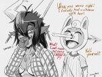 4:3 absurd_res anthro antlers bouquet bra breasts burgerpants clothing cowctus december_holiday deer deltarune dialogue duo ear_piercing ear_ring english_text female flower flower_bouquet hair hi_res horn long_hair male mammal melee_weapon new_world_deer piercing plant polearm reindeer ring_piercing smile snickering spear text undertale_(series) underwear weapon