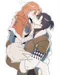  1boy 1girl annette_fantine_dominic annette_fantine_dominic_(timeskip) black_hair blush brown_gloves carrying carrying_person closed_eyes commentary_request ddaann3333 dress felix_hugo_fraldarius felix_hugo_fraldarius_(timeskip) fire_emblem fire_emblem:_three_houses flying_sweatdrops from_side fur-trimmed_gloves fur_trim gloves grey_background hetero highres kiss long_hair mixed-language_commentary orange_hair ponytail profile simple_background sweat white_gloves 