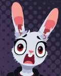 4:5 anonster anthro biped black_eyebrows blanc_de_hotot buckteeth clothing constricted_pupils digital_media_(artwork) domestic_rabbit eyebrows eyelashes fur grey_clothing grey_hoodie grey_topwear halftone halftone_background hi_res hoodie lagomorph leporid logo long_ears looking_at_viewer lucas_(anonster) male mammal open_mouth oryctolagus pattern_background pink_nose pixel_(artwork) pupils purple_background rabbit red_clothing red_eyes red_shirt red_topwear scared scared_eyes screaming shirt simple_background small_pupils solo teeth topwear watermark white_body white_fur wide_eyed