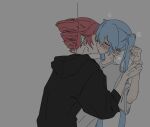  2girls black_hoodie blue_hair blush closed_eyes commentary_request drill_hair ear_blush french_kiss from_side hatsune_miku highres holding_another's_wrist hood hoodie kasane_teto kiss multiple_girls red_hair shirt sweat twin_drills twintails utau vocaloid white_shirt y0g_lu yuri 