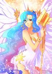  bad_id bad_pixiv_id bare_shoulders breasts celestia_(my_little_pony) cleavage crown dress earrings horn jewelry kaminary long_hair medium_breasts multicolored_hair my_little_pony my_little_pony_friendship_is_magic personification purple_eyes signature solo sparkle staff star sun very_long_hair 