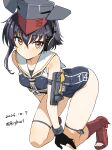  1girl absurdres bigkwl black_gloves black_hair blue_one-piece_swimsuit blush boots breasts brown_eyes closed_mouth collarbone commentary dated dated_commentary full_body gloves grey_hat hair_between_eyes hat highres i-14_(kancolle) kantai_collection kneeling looking_at_viewer one-hour_drawing_challenge one-piece_swimsuit open-toe_boots partially_fingerless_gloves red_boots sailor_collar sailor_one-piece_swimsuit short_hair simple_background small_breasts solo swimsuit twitter_username white_background white_sailor_collar 