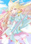  1girl absurdres antenna_hair blonde_hair bow brooch capelet carousel commentary cure_arcana dress floating_hair frilled_capelet frilled_cuffs frills gradient_hair hair_intakes heart heart_brooch highres jewelry long_hair looking_at_viewer magical_girl meitantei_precure! multicolored_hair open_mouth outdoors precure shine_arcana_rod smile solo sosii_79 staff untranslatable_commentary veil very_long_hair white_capelet white_dress white_veil winged_heart wrist_cuffs 