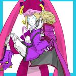  1girl android blazblue blonde_hair blue_eyes boots cape carrying facepalm gloves glowing glowing_eyes hat high_collar ignis_(blazblue) mask pink_hat princess_carry purple_footwear relius_clover robot_ears role_reversal short_hair white_gloves white_skin 