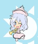  blue_background blue_eyes blush_stickers chibi dress hat instrument long_sleeves looking_at_viewer merlin_prismriver one_eye_closed open_mouth senba_chidori simple_background solo standing standing_on_one_leg sun touhou trumpet white_hair 