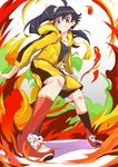  ahoge araragi_karen bakemonogatari black_eyes black_hair fire grin highres hood hooded_track_jacket hoodie jacket monogatari_(series) nisemonogatari por shorts side_ponytail smile solo track_jacket 