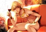  alcohol androgynous bikini blonde_hair bracelet covered_nipples crossdressing cup drinking_glass fate/zero fate_(series) gilgamesh highleg highleg_swimsuit jewelry male_focus necklace open_mouth red_eyes riko_(k_riko) sitting smile solo swimsuit wine wine_glass 