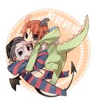  animal_costume bad_id bad_pixiv_id bat_wings black_eyes caster_(fate/zero) chibi dragon_costume fate/zero fate_(series) horns jotman male_focus multiple_boys orange_hair striped tail uryuu_ryuunosuke wings 