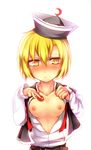  belt blonde_hair blush breasts brown_eyes collar crescent hat kazetto looking_at_viewer lunasa_prismriver nipples open_clothes open_shirt shirt short_hair simple_background small_breasts solo touhou undressing upper_body white_background 