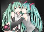  detached_sleeves dual_persona elbow_gloves gloves green_eyes green_hair hatsune_miku hatsune_miku_(append) long_hair multiple_girls necktie richard_(ri39p) twintails very_long_hair vocaloid vocaloid_append 