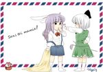  animal_ears arm_behind_back bad_id bad_pixiv_id basket blanket bunny_ears dress_shirt flower french grey_eyes grey_hair hair_ribbon konpaku_youmu koyama_shigeru lavender_hair long_hair multiple_girls off_shoulder red_eyes reisen_udongein_inaba ribbon shirt skirt skirt_set smile socks suspenders thumb_sucking touhou younger 