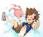  brown_hair closed_eyes copyright_name creature digimon digimon_adventure falling friends gloves goggles happy highres koromon laughing male_focus open_mouth outstretched_arms shoes socks tears u35 white_gloves white_legwear yagami_taichi 