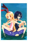  absurdres asagiri_asagi back-to-back bare_legs bare_shoulders barefoot black_eyes black_hair blonde_hair casual_one-piece_swimsuit disgaea earrings fang flonne flonne_(fallen_angel) hair_between_eyes hair_ornament hairband hairclip halterneck harada_takehito highres innertube jewelry long_hair looking_at_viewer makai_senki_disgaea multiple_girls nippon_ichi official_art one-piece_swimsuit open_mouth partially_submerged pointy_ears red_eyes school_swimsuit short_hair smile swimsuit water 
