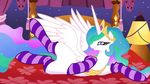 blanket curtains equine female feral friendship_is_magic hair horn jewelry junglepony lamp looking_at_viewer mammal multi-colored_hair my_little_pony necklace princess_celestia_(mlp) purple_eyes socks solo tiara winged_unicorn wings 