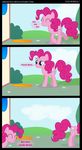  4th_portal bush cloud comic crossover diegotan dt equine eyelash eyes_closed female fourth_wall frame friendship_is_magic grass horse mane my_little_pony pink_fur pink_hair pinkie_pie_(mlp) pony portal portal_(series) rock sky smile teeth valve wall 