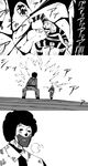  afro bad_id bad_pixiv_id breath comic explosion facepaint greyscale hamburglar highres mask mcdonald's monochrome multiple_boys ronald_mcdonald striped translated yaza 