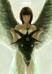 1girl angel baphomet blood brown_eyes brown_hair creepy goat guro horns serious short_hair star wings 