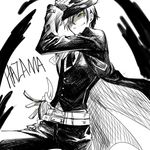  1boy arc_system_works blazblue hat hazama male male_focus monochrome solo weapon yellow_eyes 