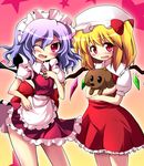  alternate_costume alternate_headwear apron bat_wings blonde_hair blue_hair blush dog enmaided fang flandre_scarlet geo_(yukishitadou) hair_ribbon hand_on_own_chest hat maid maid_headdress multiple_girls one_eye_closed open_mouth red_eyes red_skirt remilia_scarlet ribbon siblings side_ponytail sisters skirt smile star touhou wings 