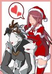  1girl absurdres antlers black_gloves blazblue blush_stickers capelet christmas closed_eyes dress fur_trim gloves hakumen hat heart helmet highres long_hair red_eyes red_legwear reindeer_antlers ryou_(supercolorfull) santa_costume santa_hat short_dress spoken_heart thighhighs tsubaki_yayoi zettai_ryouiki 