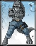  &dagger; abs anthro belt biceps canine claws clothing cross dagger ear_piercing fangs front green_eyes grey_body grey_hair hair harness jeans knife male mammal muscles pants pecs piercing pose solo standing strap toe_claws topless walter_sache weapon wolf wsache007 