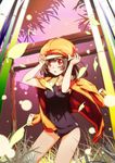  bakemonogatari bamboo brown_hair cabbie_hat grass hat highres jacket jacket_on_shoulders leizero monogatari_(series) one-piece_swimsuit orange_eyes school_swimsuit sengoku_nadeko solo swimsuit 