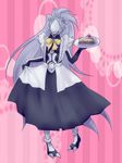  alternate_costume bad_id bad_pixiv_id blazblue cake curtsey enmaided food hakumen long_hair maid ponytail silver_hair slice_of_cake solo tray yukichi69 