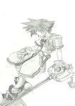  1boy highres keyblade kingdom_hearts male male_focus monochrome simple_background solo sora sora_(kingdom_hearts) spiked_hair spiky_hair 