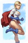  ass blonde_hair blue_eyes blue_footwear boots breasts cape cleavage_cutout dc_comics gloves highres huge_breasts muscle muscular_female power_girl solo speh twisted_torso 