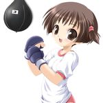  :d boxing boxing_gloves brown_eyes brown_hair child fang haga_yui highres open_mouth punching_bag short_hair side_ponytail smile solo 
