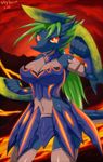  anthro armor bra bracchidios brachydios breasts brute_wyvern dragon female green_hair hair lava monster_hunter red_eyes skykain solo underwear video_games warrior wings wyvern 