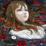  brown_eyes brown_hair face flower hamlet lips long_hair ophelia_(shakespeare) partially_submerged petals pon red_flower red_rose rose solo water 