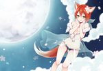  animal_ears anz_(starry) bare_shoulders blush breasts cleavage cloud fox_ears fox_tail genderswap genderswap_(mtf) green_eyes hands_on_own_face inazuma_eleven inazuma_eleven_(series) kiyama_hiroto looking_at_viewer medium_breasts moon night night_sky no_bra open_mouth orange_hair panties see-through short_hair sky solo tail underwear 