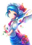  ascot bad_id bad_pixiv_id blue_hair flower hat pink_flower pink_rose purple_eyes remilia_scarlet rose sanntouhei simple_background smile solo touhou wings wristband 