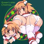  :o ass blush brown_eyes chocolat_queen christmas english garter_belt garters girl_on_top green_background hair_ornament hairband hand_on_own_cheek highres holly looking_at_viewer looking_back lying marron_queen multiple_girls on_person on_side orange_hair original panties plump santa_costume shiny shiny_skin siblings sisters star sweat tareme thighhighs trefoil underwear underwear_only white_panties yu_3 