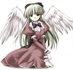  black_eyes commentary_request dress green_eyes green_hair kiba_satoshi long_hair original ponytail puffy_sleeves solo white_background wings 