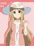  blonde_hair blue_eyes casual character_name hat ikari_manatsu k-on! kotobuki_tsumugi light_smile long_hair polka_dot polka_dot_background solo sun_hat very_long_hair waving 