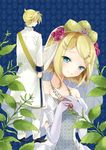  1girl bad_id bad_pixiv_id bare_shoulders blonde_hair blue_eyes bride brother_and_sister dress earrings elbow_gloves flower formal gloves hair_flower hair_ornament hairclip happy_tears jewelry kagamine_len kagamine_rin konayama_kata necklace pendant plant short_hair siblings smile suit tears twins vocaloid wedding_dress white_dress white_gloves white_suit 