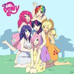  6+girls applejack cosplay drill_hair fluttershy grass happy k-on! kneeling looking_at_viewer multiple_girls my_little_pony one_eye_closed open_mouth outdoors parody personification pinkie_pie rainbow_dash rarity seiza smile style_parody sundress twilight_sparkle v wink 