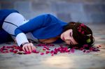  bioshock bioshock_infinite blue_eyes brown_hair cosplay elizabeth_(bioshock_infinite) eyes_cloesed flower_petals short_hair 