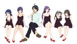  5girls araragi_koyomi bakemonogatari black_dress black_hair blue_hair dress formal glasses hachikuji_mayoi hanekawa_tsubasa highres kanbaru_suruga legs long_hair long_legs monogatari_(series) multiple_girls necktie nekomonogatari otsukemono sengoku_nadeko senjougahara_hitagi short_hair strap_slip twintails 