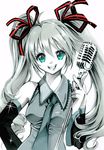  detached_sleeves green_eyes green_hair hair_ribbon hatsune_miku highres long_hair microphone microphone_stand nashi_juni necktie open_mouth pointing ribbon simple_background smile solo spot_color twintails vocaloid white_background 