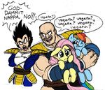  2girls angry black_hair crossed_arms crossover dragon_ball dragon_ball_z facial_hair fluttershy monkey_tail multicolored_hair multiple_boys multiple_girls muscle mustache my_little_pony my_little_pony_friendship_is_magic nappa open_mouth pink_hair rainbow_dash rainbow_hair spiked_hair tail vegeta 