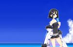  asagi_(nippon_ichi) asagiri_asagi beach black_eyes black_hair disgaea jacket open_mouth popsicle short_shorts shorts strap_slip sweat wallpaper water 