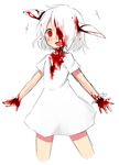  :d blood bloody_clothes dress fang happy highres impaled injury kushizashi-chan mikan_(ama_no_hakoniwa) open_mouth original red_eyes silver_hair simple_background smile solo 